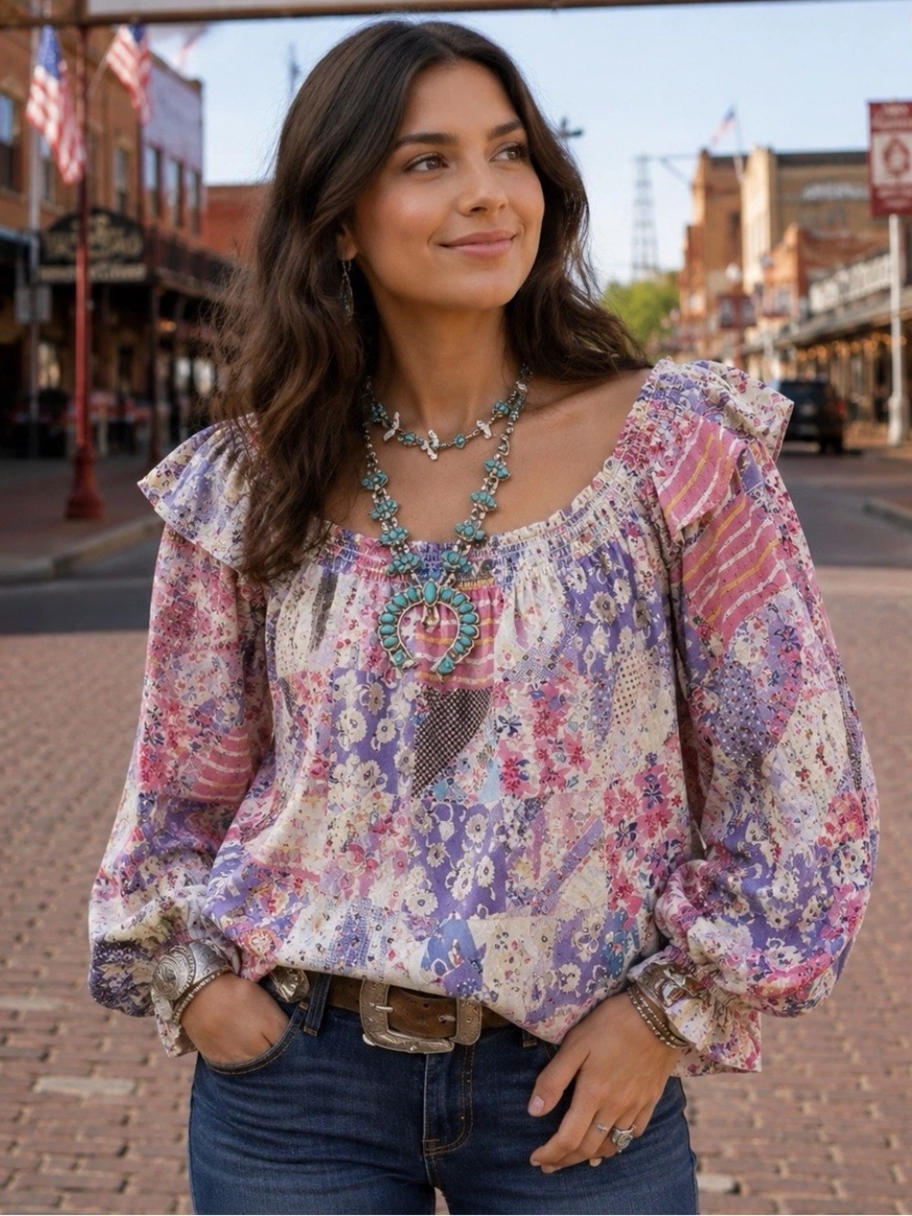New! Tasha Polizzi Henni Off Shoulder Floral Patchwork Western Blouse​